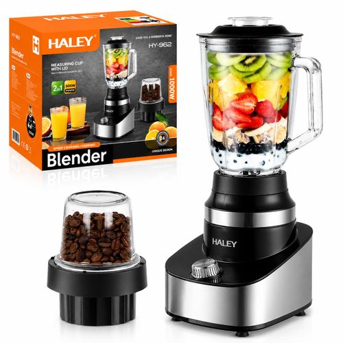 HALEY– Blender Multifonction 2-en-1 1000W avec Moulin à Café, Mixeur Haute Performance à Lames en Acier Inoxydable, Vitesses Réglables, Bol Grande Capacité pour Smoothies, Jus, Soupes et Épices