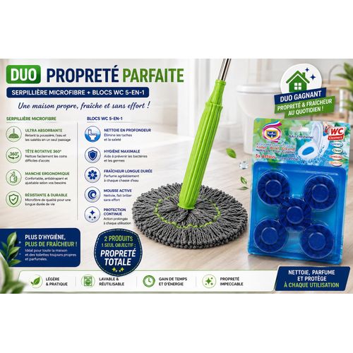 Pack Duo – Serpillière Microfibre Rotative 360° + Blocs WC Nettoyants et Désodorisants 5-en-1