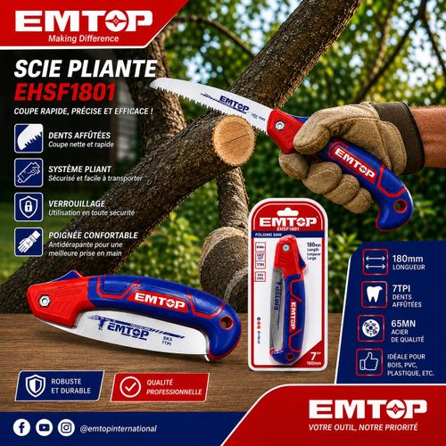 Scie Pliante 180 mm (7) EHASF1801, Scie à Main avec Lame en Acier SK5 7 TPI, Poignée Ergonomique et Système de Verrouillage, pour Élagage, Jardinage et Coupe du Bois