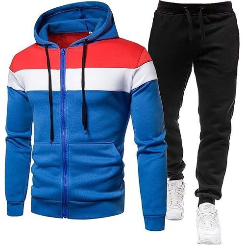 Ensemble de survêtement deux pièces pour homme, composé d'un sweat-shirt zippé à blocs de couleurs, de poches à cordon et d'un pantalon.