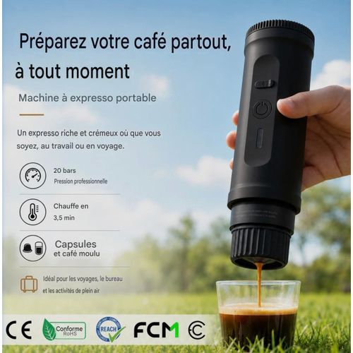 Machine à café expresso Portable Qualité supérieur 2 en 1 avec coffret de transport, 7800mAh, Rechargeable, (20 bars), pression, pour Camping, randonnée, bureau, voyage, voiture, extérieur (Support Charge rapide)