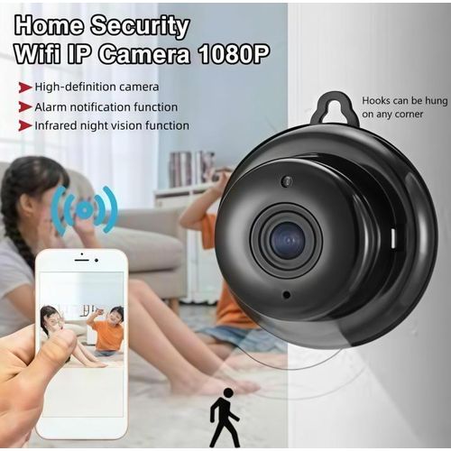 Caméra sans fil Wi-Fi Full HD 1080p à angle de vision large (90°), fixation par crochet, idéale pour la maison et la sécurité - Noir