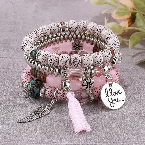 4 en 1 élastique et rétractable Multicouche Tassel Charm main perles bracelet Set