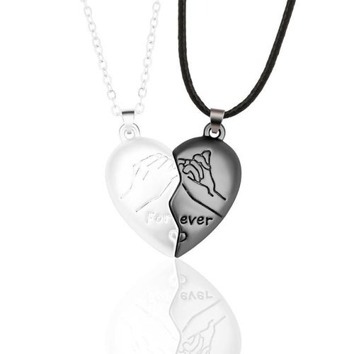 Lot de 2 Colliers Couple Cœur Noir et Blanc - Pendentif Assortis Forever Main dans la Main