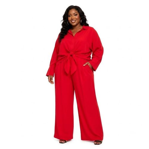 Ensemble Chemise à Nœud & Pantalon Rouge Élégant - Rouge
