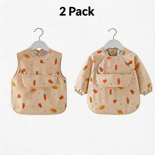 asiligrove Lot de 2 Tabliers Bavettes Imperméables pour Bébé avec Manches Longues et Sans Manches - Blouse Sans Agent Fluorescent Motif Carotte, Pour Enfant 1-3 Ans, Fermeture à Pression et Dos Respirant