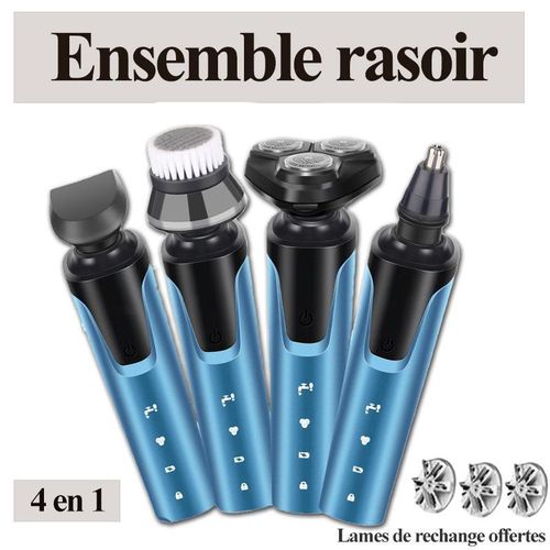 Tondeuse Électrique 4 en 1 Rechargeable USB, Rasage + Précision + Nettoyage Visage + Nez, Lavable Corps Entier, Sec & Humide, Lames Supplémentaires Offertes