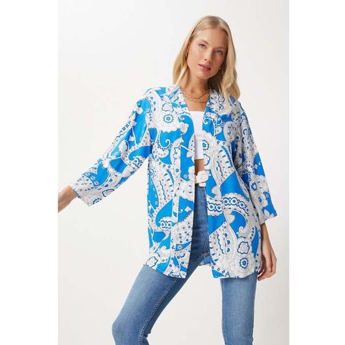 Kimono Femme en Viscose à Motifs Bleu et Blanc EN00615