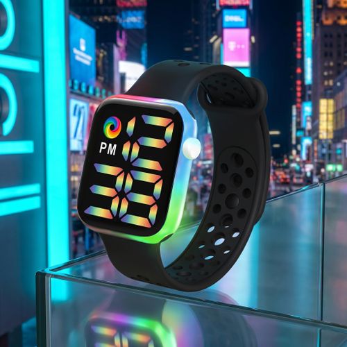 Montre Électronique LED pour Hommes - Bracelet Respirant Arc-en-Ciel, Montre Numérique - Noir