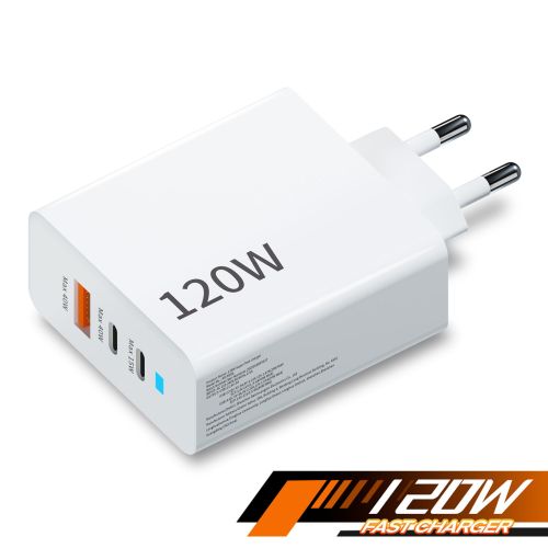 Chargeur rapide GaN 120W, 2 ports USB-C + 1 port USB-A, fiche fixe, protection de sécurité à 5 niveaux, compatible avec la charge ultra-rapide des téléphones et ordinateurs portables, résistant aux hautes températures, tension universelle, best-seller