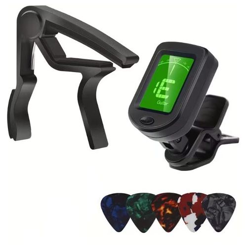 Ensemble de Capo Guitare en Alliage avec Accordeur Numérique, 5 Médiators 0,7mm - Capo Polyvalent pour Guitares Acoustiques, Électriques, Ukulélé, Basse, Violon - Noir