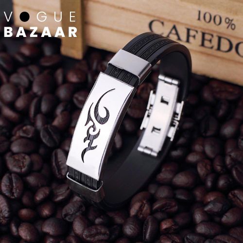 Bracelet Homme en Acier Titane Tendance Design Flamme/Vague Déferlante Unisexe Chaîne en Silicone Noir – Moderne & Résistant (Taille Unique)