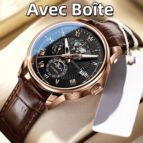 Montre Homme Élégante avec Bracelet en Simili Cuir – Cadran Noir Lune Étoilée, Quartz