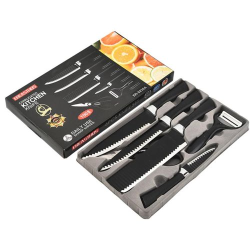 Ensemble de 6 Couteaux de Cuisine en Acier Inoxydable avec Ciseaux et Éplucheur – Noir
