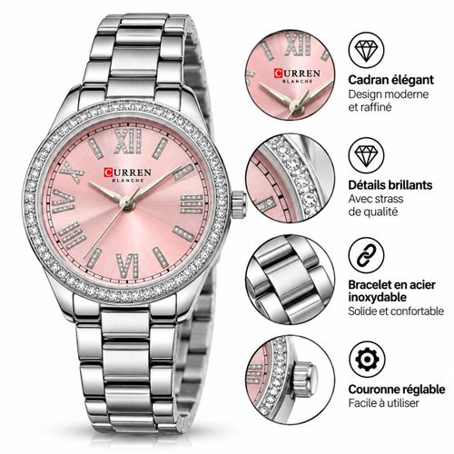 Blanche Montre Femme à Quartz Analogique – Cadran Rose – Bracelet en Acier Inoxydable