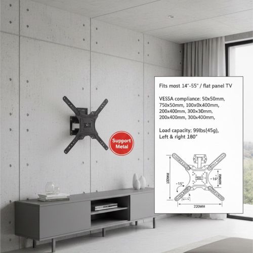 Support Mural TV Articulé à Mouvement Complet (Cantilever) - Pour Écrans LED/LCD/Plasma 14 à 55 Pouces - Pivotant 180°, Inclinable +15° - Acier Allié Robuste