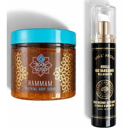 Duo : Gommage Corps HAMMAM 500g + Huile De Massage Relaxante 120ml Verveine - Citron À L'huile D'argan Bio Tous Types De Peaux