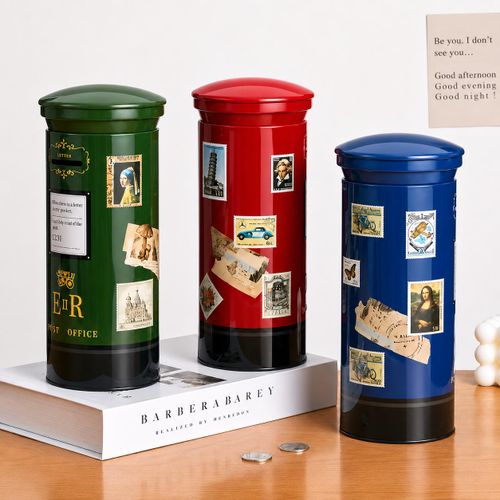 Tirelire Boîte aux Lettres Vintage en Métal – Grande Capacité avec Couvercle Amovible – Décoration Rétro pour Pièces et Billets – Rouge, Bleu, Vert