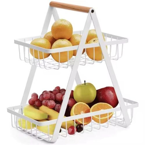 Panier à Fruits et Légumes à 2 Niveaux – Organisateur de Cuisine Moderne en Métal Blanc – Corbeille Autoportante avec Poignée en Bois – Design Aéré pour une Conservation Optimale