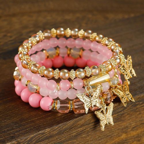 Ensemble de 4 bracelets empilables à perles roses pour femme - Bracelets multicouches avec breloques papillon doré