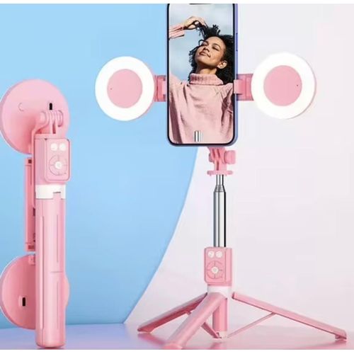 Perche à selfie BT12 4-en-1 avec double anneau lumineux LED, trépied extensible et support smartphone universel