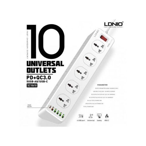 Multiprise Electrique 10 Trous Et 5 Ports USB Ldnio - Blanc