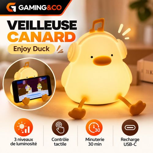 Veilleuse LED Tactile Canard DJ en Silicone - Lampe de Chevet Enfant Rechargeable 3 Niveaux - Support Téléphone