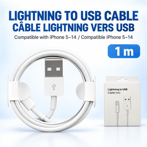 Câble Lightning vers USB de 1 m pour iPhone 5–14, câble de charge blanc