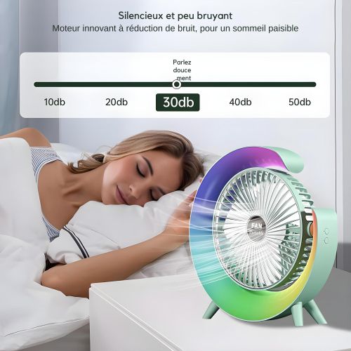 Ventilateur de bureau USB silencieux et puissant avec lumière LED, 3 vitesses, rotation à 180°, batterie rechargeable 4000 mAh, couleur verte. Idéal pour la chambre, le bureau ou la maison.