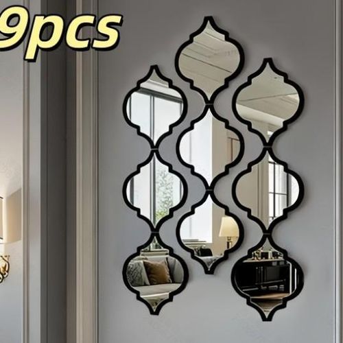 Lot de 9 stickers muraux miroirs en acrylique – Décorations murales de style marocain et miroirs de salle de bain – Noir