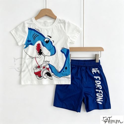 3-6 ans - Ensemble t-shirt & short imprimé requin rigolo - Tenue deux-pièces décontractée pour jeux d'été et quotidien - Ensemble t-shirt graphique pour garçon