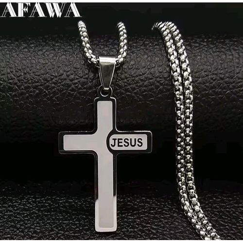 3D Fashion Longue Chaîne homme Hip Hop 60cm En Acier Inoxydable couleur Argenté pendentif croix de Jésus idéal cadeau pour Noël saint valentin, mariage, anniversaire, baptême