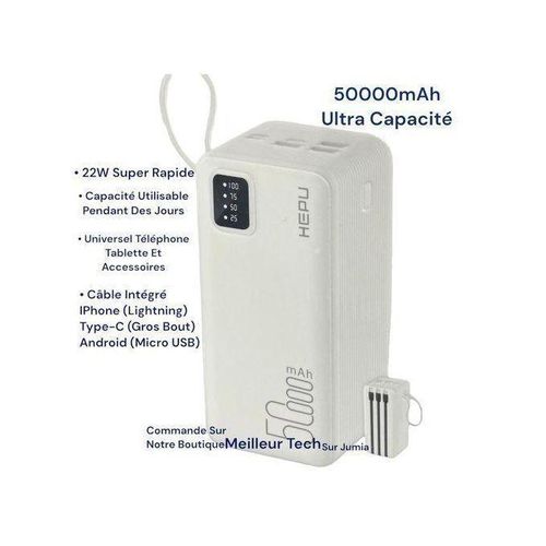 Power Bank 50 000mAh Ultra Capacité 22W Blanc - Charge Super Rapide - Pour iPhone Samsung Xiaomi Huawei Tecno Etc