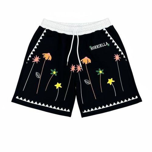 Short Homme Décontracté Noir À Motif Floral Taille Élastique Cordon De Serrage Pantalon Sport Ample