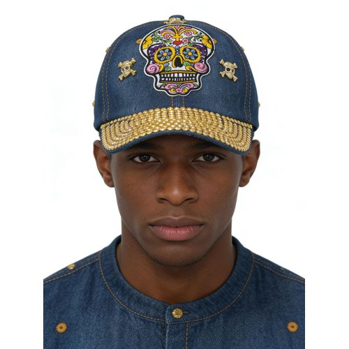 Casquette de baseball en jean à tête de mort sucrière Strass dorés scintillants Ajustable Mixte