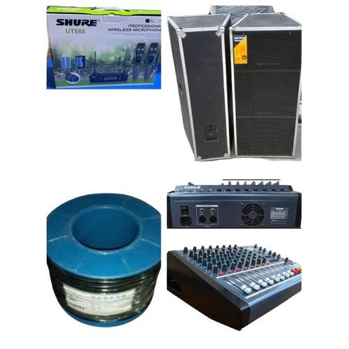Sonorisation complète,baffle colonne, table de mixage amplifiér 8piste, micro baladeur, rouleaux de fil de baffle