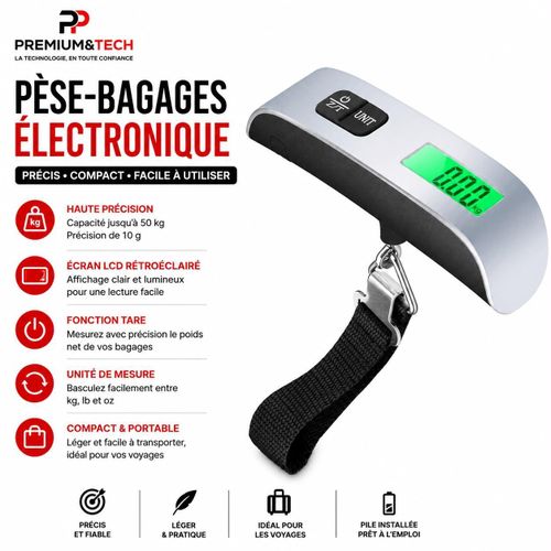Pèse-Bagages Électronique Portable - Balance Suspendue Haute Précision Jusqu'à 50kg avec Écran LCD Rétroéclairé et Fonction Tare - Gris