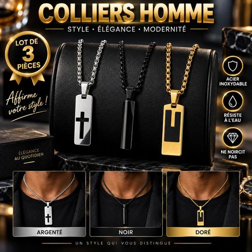 Lot de 3 Colliers Homme en Acier Inoxydable – Argenté, Noir et Doré – Pendentifs Modernes