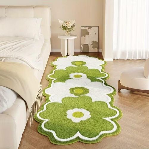 Tapis shaggy vert à motif floral 60 × 90 cm, tapis de chevet antidérapant en faux cachemire doux