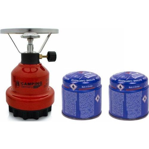 Réchaud de camping- métal - rouge - avec 2 réservoirs de recharge de gaz -190 grammes NB