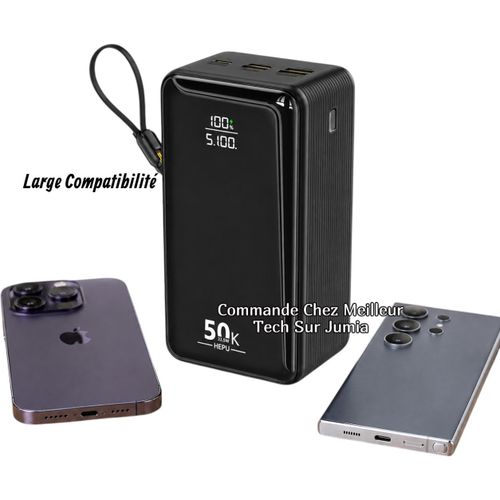 Power Bank Ultra Capacité 50000mAh HP-255 Noir - Charge Rapide 22.5W PD 3.0 Et QC 3.0 - Affiche Tension - 4 Câbles Intégré