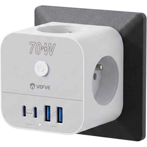 Chargeur Rapide USB C 70W, Prise Multiprise Cube 7-en-1 avec Interrupteur, Technologie GaN III, Compatible Ordinateurs Portables, Tablettes et Smartphones