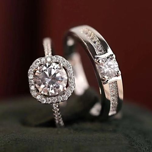 Bague de Couple 2 Pièces Taille Réglable Bague de Fiançailles Zircon Cadeau Saint-Valentin - Argent