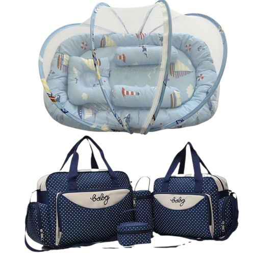 PACK BÉBÉ GARÇON - Nid Bébé Marin + Set 5 Sacs à Langer Bleu Pois