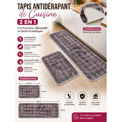 Lot de 2 Tapis de Cuisine Antidérapants 40×60 cm + 40×120 cm – Confortables, Décoratifs et Faciles à Nettoyer