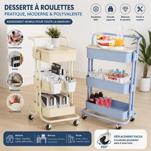 Chariot de Rangement Multifonction à 3 Niveaux avec Roulettes – Desserte Mobile Grande Capacité