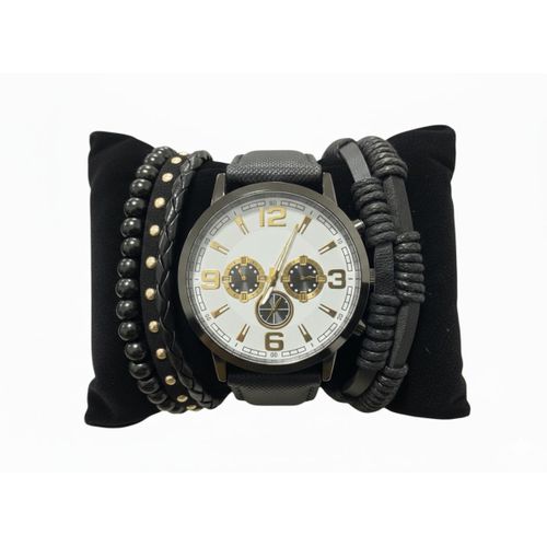 Coffret Cadeau Homme 3-en-1 : Montre Noire & Or "Chrono Design" avec Duo de Bracelets (Perles & Tressé Noir) - Style Élégant et Décontracté