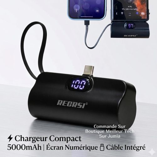 Mini Power Bank 5000mAh RE-PB040 - 2 Cables Intégré Type-C / iPhone - Ultra Compact - Écran Numérique LED