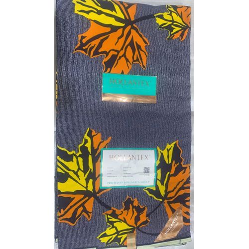 Pagne Wax Hollantex Authentique - Motif "Feuilles d'Érable" Géantes - Orange, Jaune & Bleu Nuit - 6 Yards