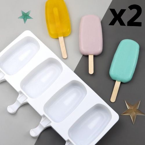 2 Moules blanc à Yahourt, Grand format, 4 cavités, en silicone + 100 bâtonnets
